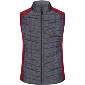A grey and red ladies' knitted hybrid vest with a zip front, featuring a high collar and side pockets.