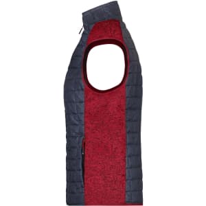 A knitted hybrid vest in red and navy, featuring a zip side and an armhole design. Includes a logo on the chest.