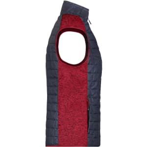 A ladies' hybrid vest featuring a red knitted centre and navy quilted sides, with an open arm design and zipper.