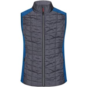 A grey and blue knitted hybrid vest with a zip front, featuring a logo on the chest area.