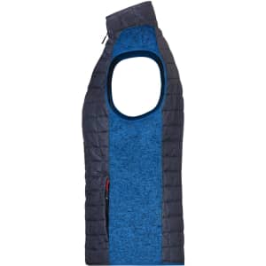 A knitted hybrid vest in blue tones, featuring a sleeveless design and sectioned texture, with a logo present.