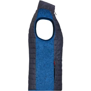 A ladies' hybrid vest with a blue knitted body and a dark navy quilted panel, featuring an open arm design.