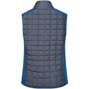 A knitted hybrid vest in grey with a blue trim and a quilted back. The garment features a logo.