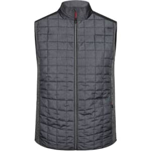 A grey knitted hybrid vest with a quilted front and a high collar, featuring a zip closure and a logo.