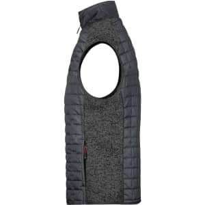A grey mens knitted hybrid vest with a sleeveless design and a zippered pocket, featuring a logo.
