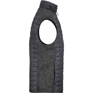 A men's knitted hybrid vest in grey, featuring a quilted design and an open armhole style. It has a logo.