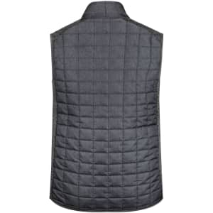 A men's knitted hybrid vest in a dark grey colour, featuring a quilted design and no sleeves.
