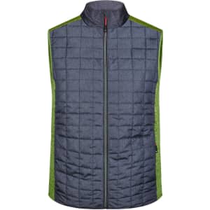A men's knitted hybrid vest featuring a blue quilted front and green side panels, with a zip closure and a logo.