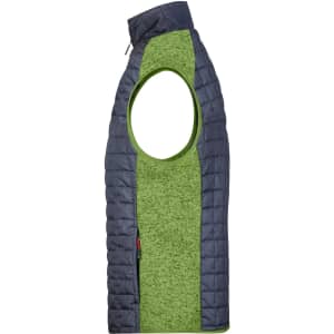 A green and navy knitted hybrid vest with a sleeveless design and a zip closure. It features a logo.