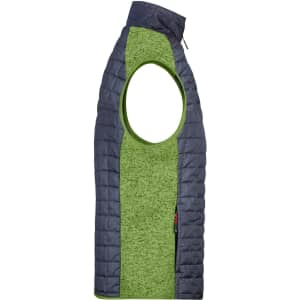 A mens knitted hybrid vest featuring a green and navy design with a zip and arm openings. It has a logo on the side.
