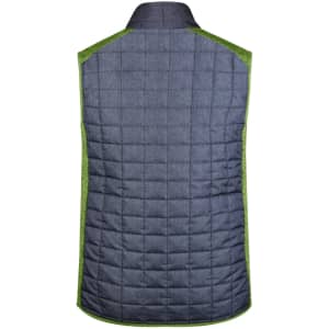 A men's knitted hybrid vest in grey with green accents, featuring a quilted back design and a stand-up collar.