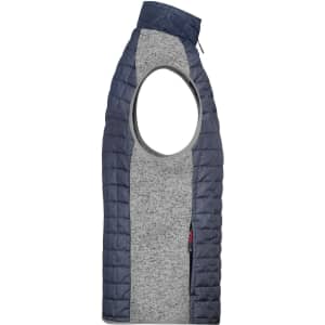 A men's knitted hybrid vest featuring a navy blue quilted exterior and a grey textured body. It has a high collar and an armhole design.