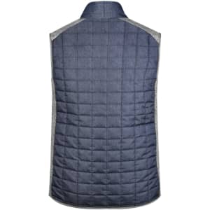 A men's knitted hybrid vest featuring a dark blue body with grey accents, showcasing a quilted design.