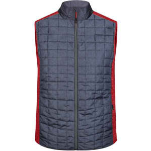 A navy and red men's knitted hybrid vest with a quilted design and zip front closure, featuring a branding logo.