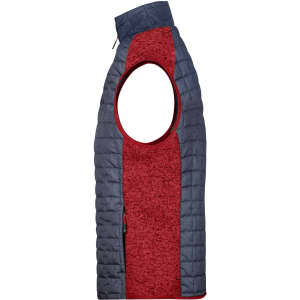 A mens knitted hybrid vest featuring a navy blue and burgundy design with a zip and an open armhole.