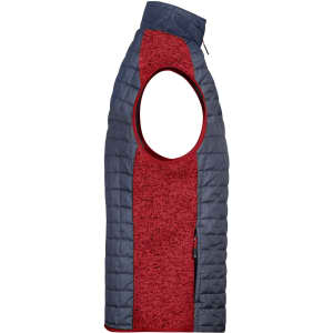 A mens knitted hybrid vest featuring a dark blue and red colour scheme with a zip neck and sleeveless design.