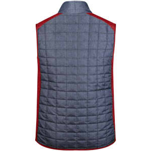 A men's knitted hybrid vest in grey with red accents, featuring a quilted design and a back view.
