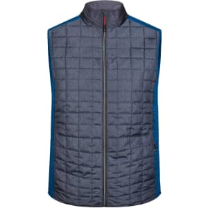 A men's knitted hybrid vest in dark grey with blue side panels, featuring a front zip and a logo on the chest.