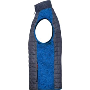 A mens knitted hybrid vest featuring a blue and grey colour scheme, with a sleeveless design and a zippered front.