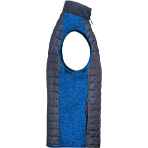A men's knitted hybrid vest featuring a blue and dark grey design, with a zippered side and sleeveless style.