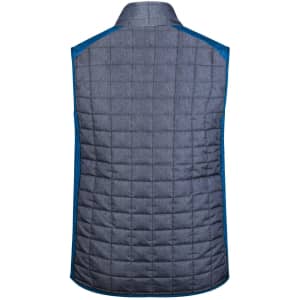 A grey knitted hybrid vest with blue accents, featuring a quilted design and no sleeves. It has a logo on it.