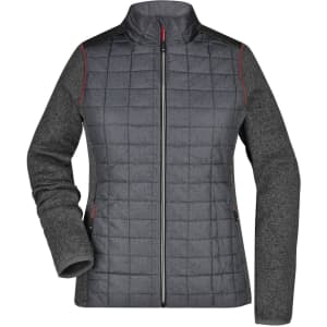 A ladies' hybrid jacket featuring a grey quilted front and dark grey sleeves, complete with a collar and zip front.