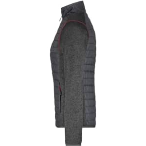 A grey ladies knitted hybrid jacket featuring a quilted exterior and a soft inner lining. It has a logo on the side.