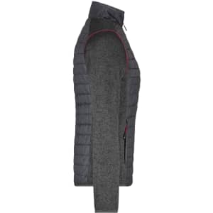 A knitted hybrid jacket in grey with a padded exterior and a soft inner lining, featuring a logo.