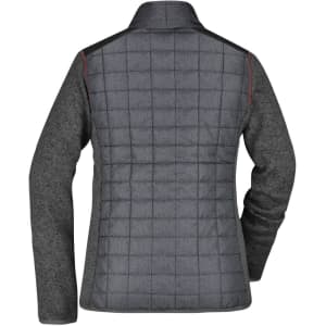 A grey ladies' knitted hybrid jacket featuring a quilted back and a collar, with contrasting textures and colours.