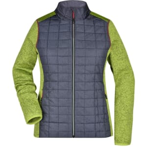 A knitted hybrid jacket featuring a grey quilted front and vibrant green sleeves. It has a full zipper and a collar.