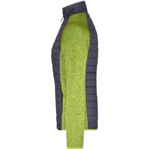 A hybrid jacket featuring a knitted design with a dark blue upper and vibrant green body, including a logo.