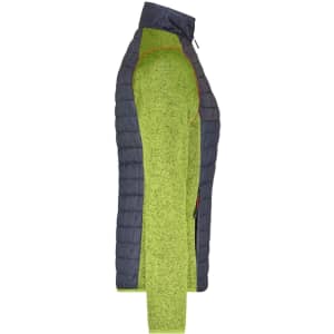 A knitted hybrid jacket featuring a dark grey quilted body and vibrant green sleeves, with a logo present.