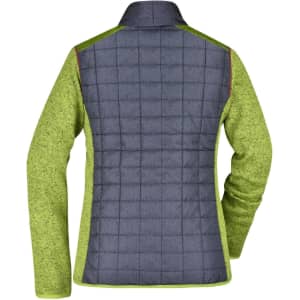 A knitted hybrid jacket featuring a grey quilted back and bright green sleeves, with a collar and branding.
