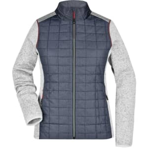 A ladies knitted hybrid jacket featuring a navy quilted front and grey sleeves, complete with a branding logo.