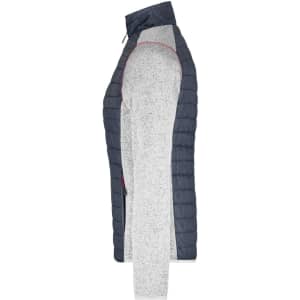 A ladies' knitted hybrid jacket in navy and grey, featuring a quilted design and a zip closure. It has a logo on it.