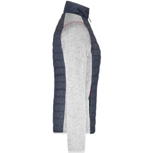 A knitted hybrid jacket in navy and light grey, featuring a zip front and a logo on the chest.