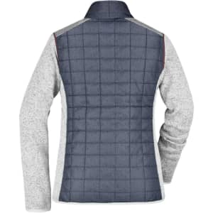 A ladies' knitted hybrid jacket featuring a grey and navy design with a quilted back and long sleeves.