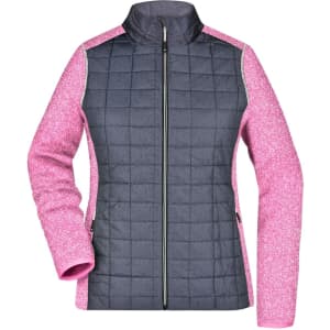 A knitted hybrid jacket featuring a grey quilted front and pink sleeves, complete with a full zip and collar.