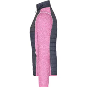 A knitted hybrid jacket in pink and grey, featuring a zip closure and a logo on one side.