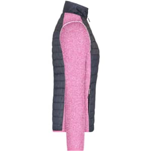 A ladies' knitted hybrid jacket featuring a dark grey and pink colour scheme, with a logo on it.