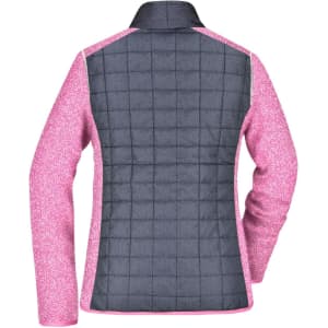 A ladies' knitted hybrid jacket featuring a grey quilted back and pink sleeves, with a collar and a logo.