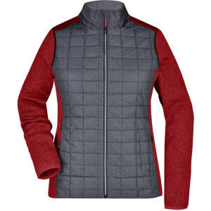 A ladies' knitted hybrid jacket featuring a grey quilted front and red sleeves, with a zip closure and no visible branding.