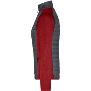 A knitted hybrid jacket featuring a grey upper and a red lower section, with a side zip and a logo.