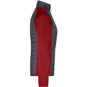 A knitted hybrid jacket featuring a dark grey quilted front and vibrant red sleeves, with a zip closure and side pockets.