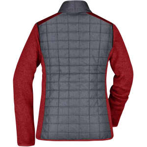 A ladies' hybrid jacket featuring a grey quilted back and red sleeves. It has a collar and a stylish design.