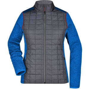 A ladies knitted hybrid jacket featuring a grey quilted front and blue sleeves, with a zip closure and a collar.