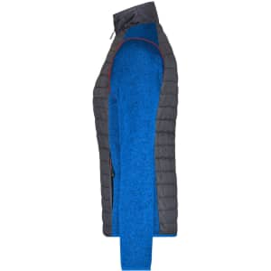 A hybrid jacket featuring a grey quilted exterior and a blue knitted interior. The design includes a zip closure and branding.