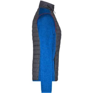 A grey and blue ladies knitted hybrid jacket features a padded body and a smooth sleeve design. It has a logo present.