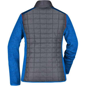 A knitted hybrid jacket featuring a grey back with a blue front and sleeves, designed for women's wear.