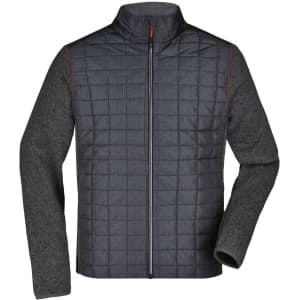 A men's hybrid jacket featuring a quilted grey front and dark grey sleeves, with a zip closure and a logo.